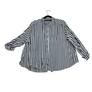 Jane + Delancey Womens 3X Striped Button Down Blouse Navy Blue White Rayon Shirt